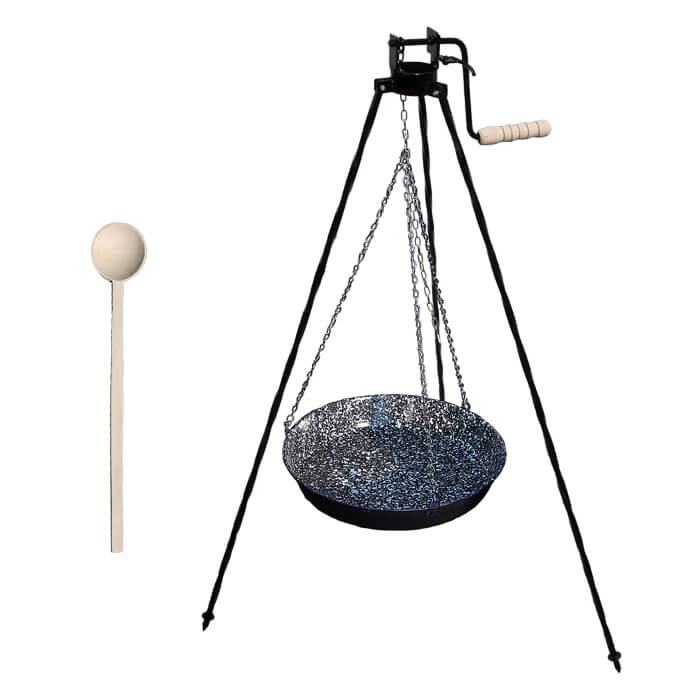 Smaltovaná panvica s retiazkou 42 cm + trojnožka s poistnou kladkou a vareška GRILL