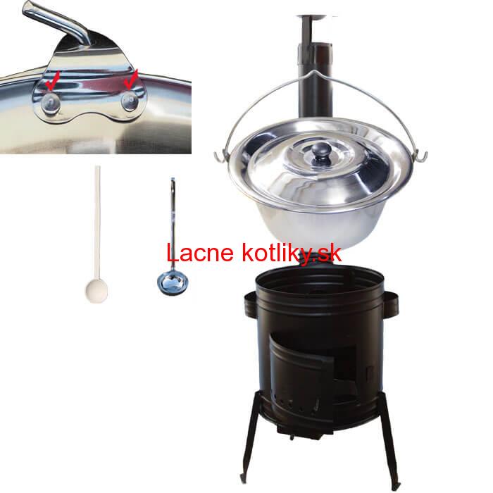 Nerezový kotlík 15 L (0,8 mm zosilnený s nitmi) + kovová kotlina 36 cm + vareška + naberačka